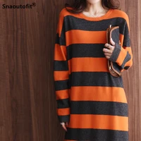 mid length round neck pullover womens sweater outer wear single wear 2021 new australian wool french knit striped long skirt