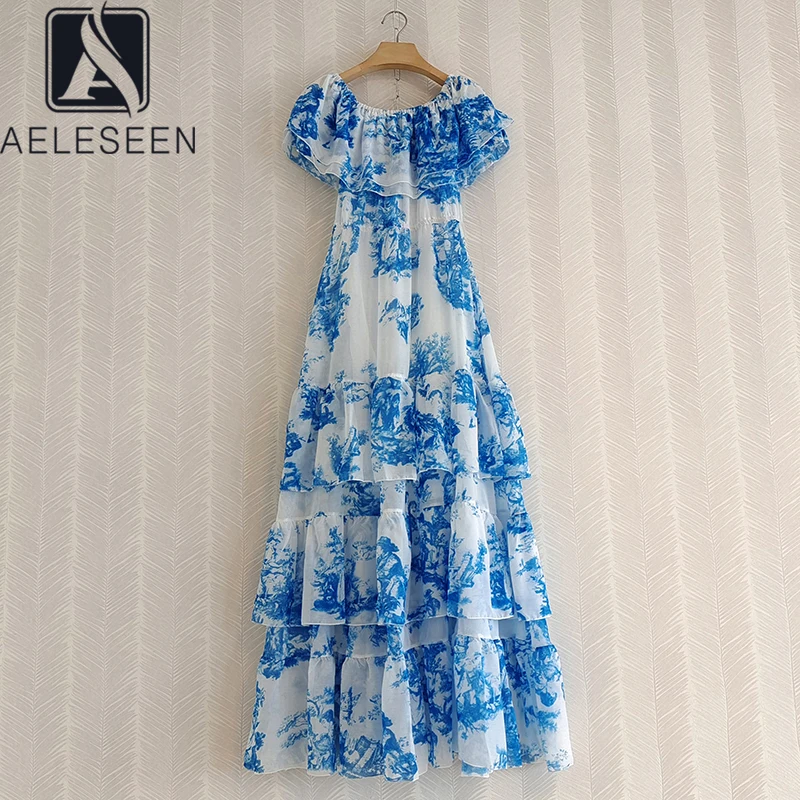 

AELESEEN Women Dress Runway Fashion Flare Sleeve Slash Neck Blue Flower Printed Cascading Ruffles Long Party Dresses