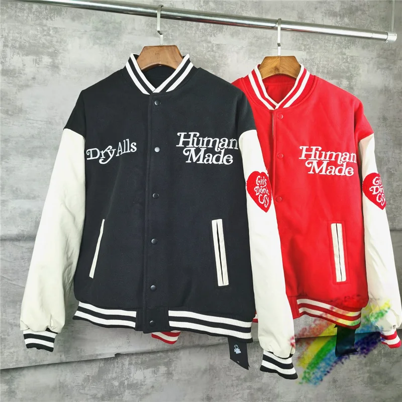 

Girls Don’t Cry Human Made Varsity Baseball Jacket Men Women 1:1 Best Quality Coat Sleeve Two-color Patchwork Embroidery Jackets