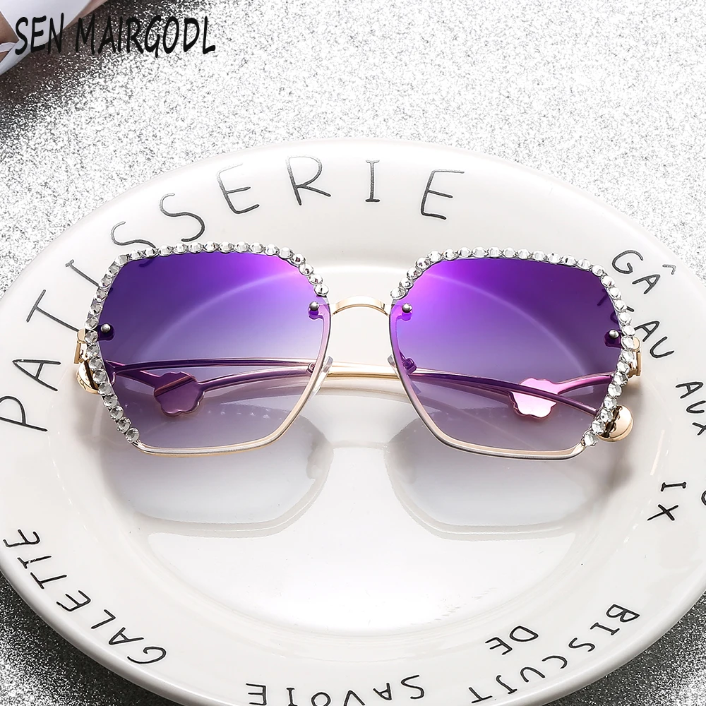 

Luxury Classic Vintage rimiless sunglasses women men Metal frame Inlay Diamond sun glasses Female Driving Eyewear Oculos De Sol