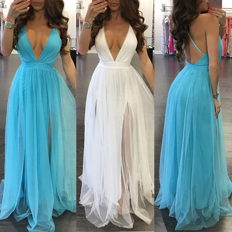 

Summer Sexy Women Solid V-neck Tulle Tutu Long Maxi Dress Sleeveless Backless Evening Party Beach Sundress White Blue hot