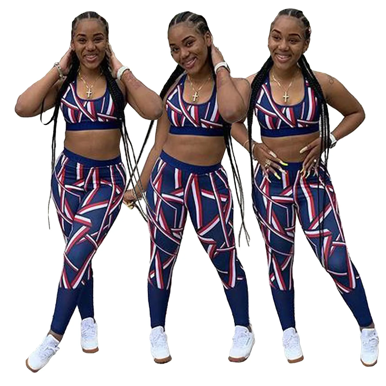 

Women Set Print Crop Tank Tops Sheath Elastic Mid Waist Full Length Pencil Pants Pockets 2 Piece Set Tracksuit Outfit 2021