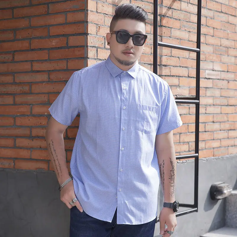 

Young and middle-aged men's large Plaid short sleeve shirt plus large fat man loose half sleeve casual dress shirt