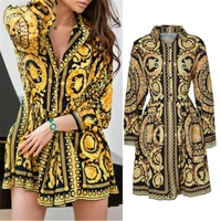 y2k women casual dress turn down collar button geometry loose long sleeve party polyester mini dresses for spring autumn