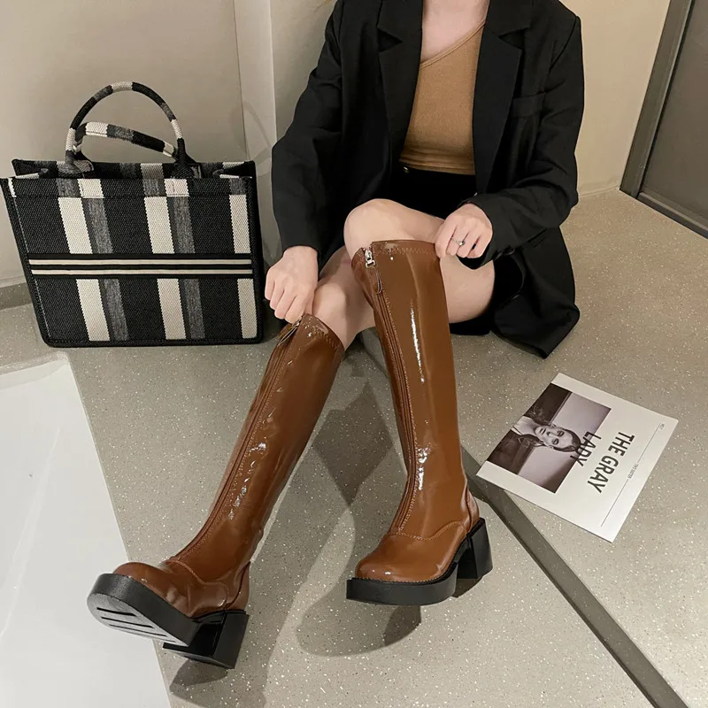 

QZ350 Women's Ankle Boots Autumn Winter Mid Heels Chelsea Boots Pu Leather Zipper Chunky Platform Fashion Ladies Shoe Long Botas