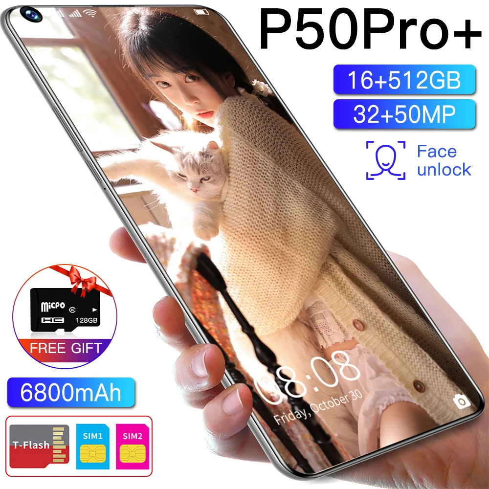 

Galxy P50 Pro+ 7.3 HD Screen Smartphone 16+512GB 32+50MP Dual SIM Cellphone Android 11 Face Unlock Mobilephone 6800MAH Battery