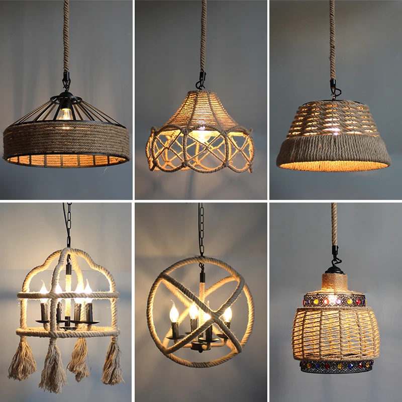 

Vintage Pendant Lamp Hemp Rope Hanging Lamp for Home Bedroom Living room Industrial Pendant Lights
