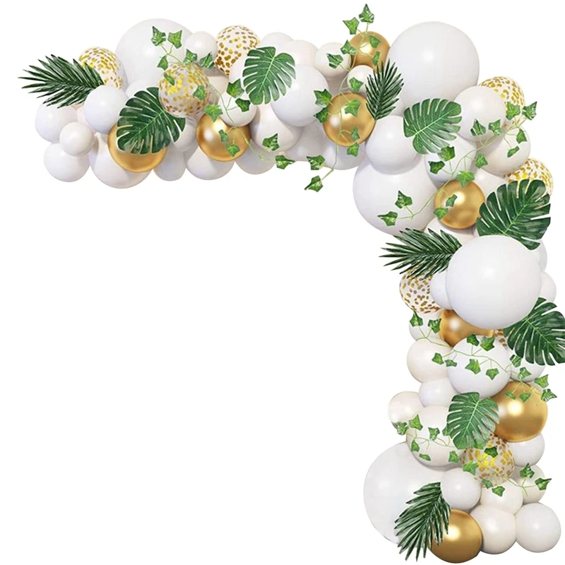 

White Balloon Garland Arch Kit, White Gold Confetti Balloons 116 PCS, Artificial Palm Leaves 12 PCS Wedding Birthday Decorations