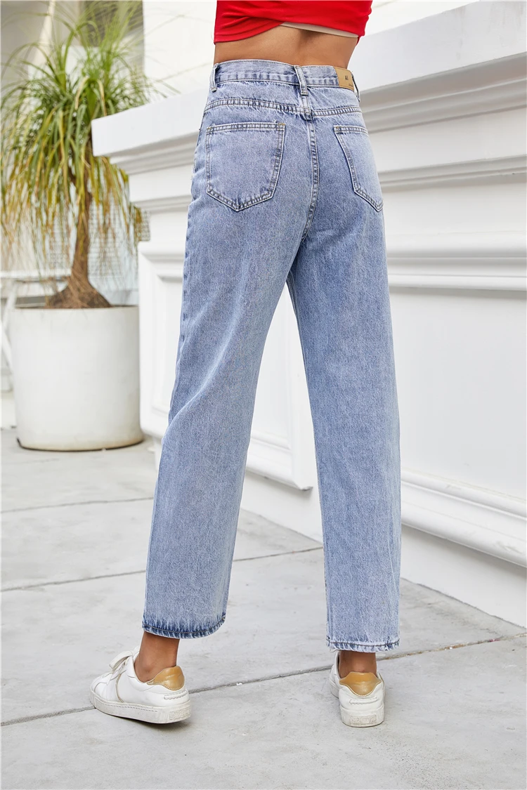 

WITHZZ Spring Women's Denim Trousers Fashion Hole Scratch Scratch Bamboo Inelastic Straight Pants Jeans