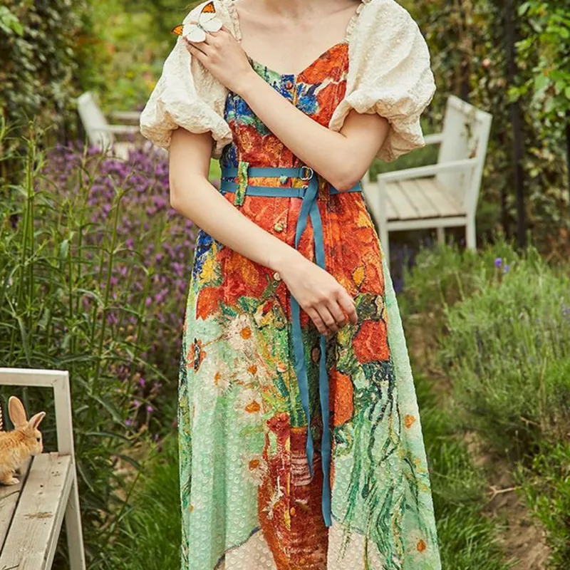 Женское винтажное платье с квадратным вырезом летнее дизайнерское миди принтом