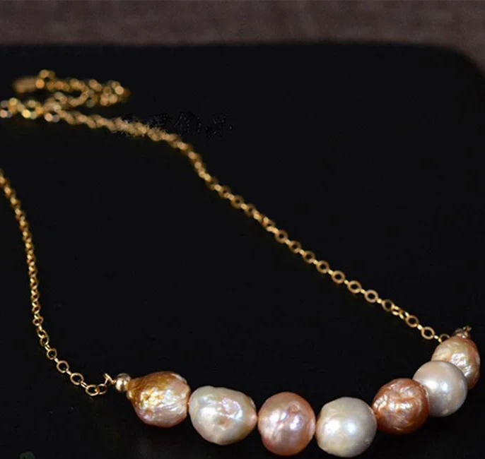 

HABITOO Fashion Natural 11-12mm Multicolor Baroque Pearl Necklace 14k Filled Gold Chain Jewelry for Women Party Wedding Gift