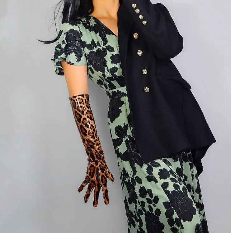 

Women's runway fashion leopard print PU leather glove lady's club performance formal party leather long slim glove 50cm R3022