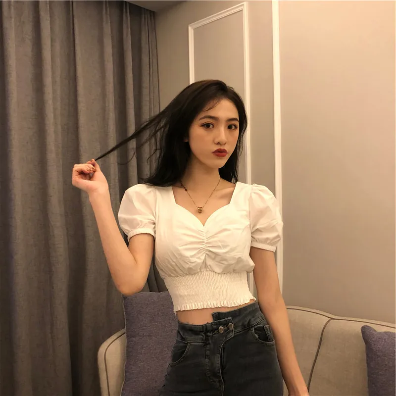 

2021 New Summer Women Sweet V-Neck Bubble T-Shirts Casual Sexy Love Solid Tops Tee Summer Female T-Shirt Short Sleeve Clothing