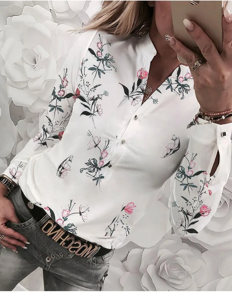 

Fashion Floral Womens Tops and Blouses Elegant Long Sleeve OL Shirt V Neck Office Lady wear Top Ladies chemise femme Streetwear
