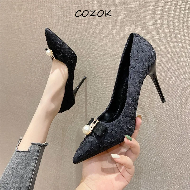 

Женские классические туфли 2021, элегантные роскошные Туфли на каблуке с жемчугом для женщин, повседневные модные туфли-лодочки на каблуке