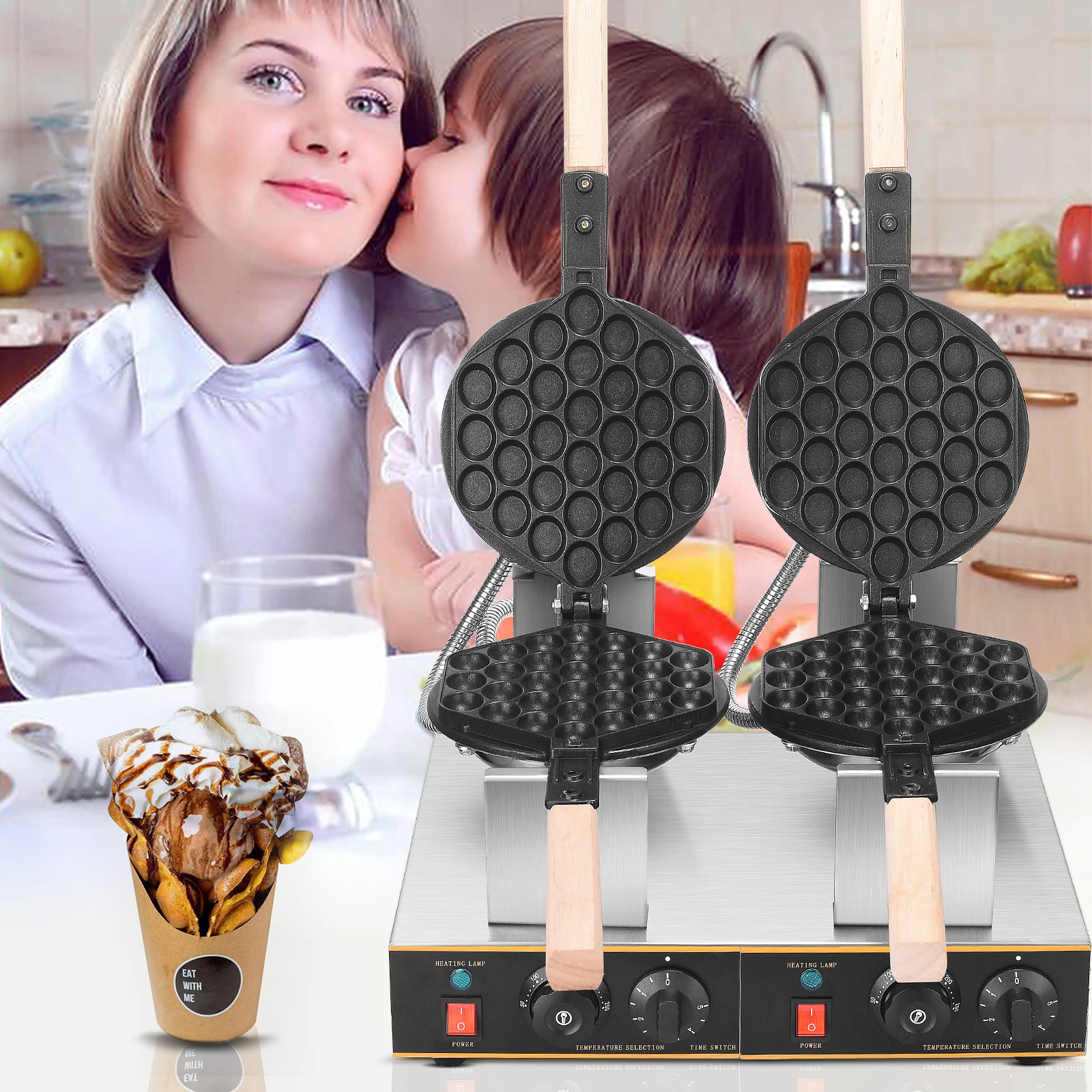 

1400W Bubble Waffle Maker Double Head Professional Bubble Egg Waffles Cake Machine Waffle Baker Temperature And Time Adjustable