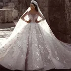 Роскошное свадебное платье в арабском стиле из Дубая, новые модные кружевные бальные платья, свадебное платье невесты с длинным рукавом и объемными цветами и бусинами