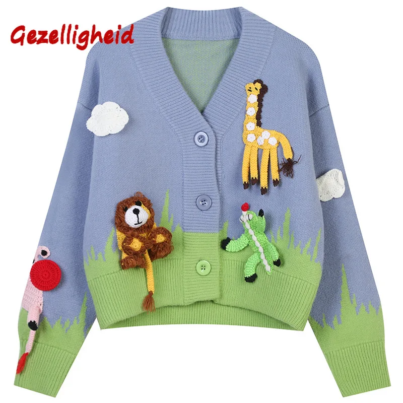 

Gezelligheid 2021 Autumn Winter Sweather Women's V-collar Long Sleeve Animal 3D Decoration Loose Knit Cardigan Thick