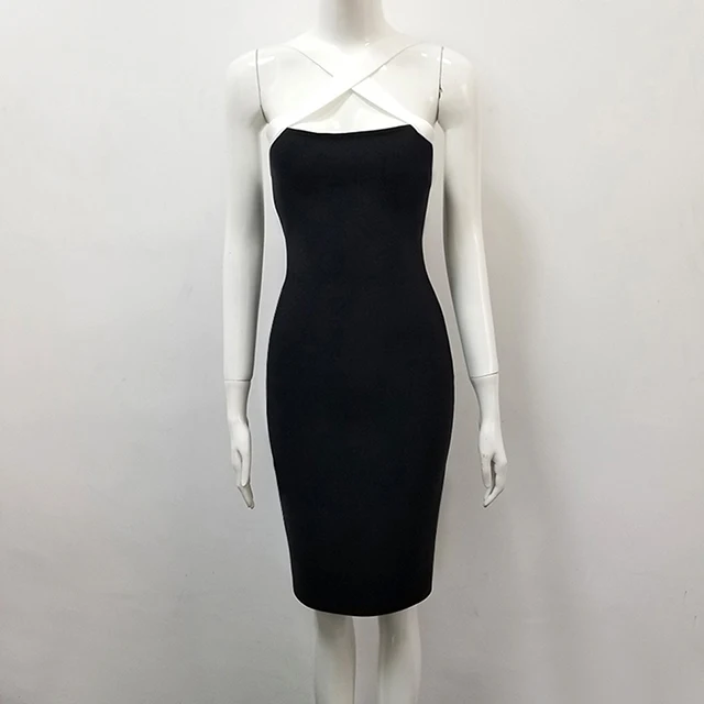 Новинка, Бандажное платье с перекрещивающимися лямками, vestido de festa Preto E Branco Sem Mangas Joelho, сексуальное Бандажное платье из искусственного шелка - Цвет: Черный