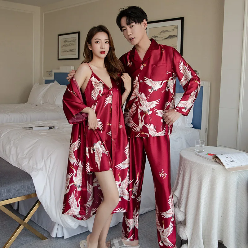 Sanderala Sexy Women & Man Pajamas Sets Print Crane Sleepwear Pajamas Casual Homewear Family Couple Nightwear