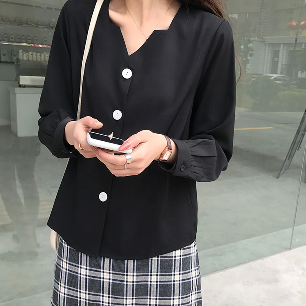 

Japan Style Blouse Spring Summer Korean Fashion Temperament Loose Casual Simple Single-breasted V-neck Long Sleeve 20221