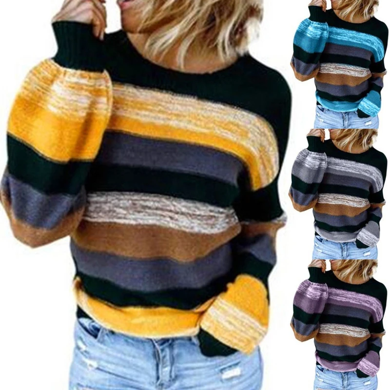 

New Women Striped Sweater Spring Autumn O Neck Long Sleeve Sweaters Loose Knit Pullover Femme Patchwork Pull Knitted Tops