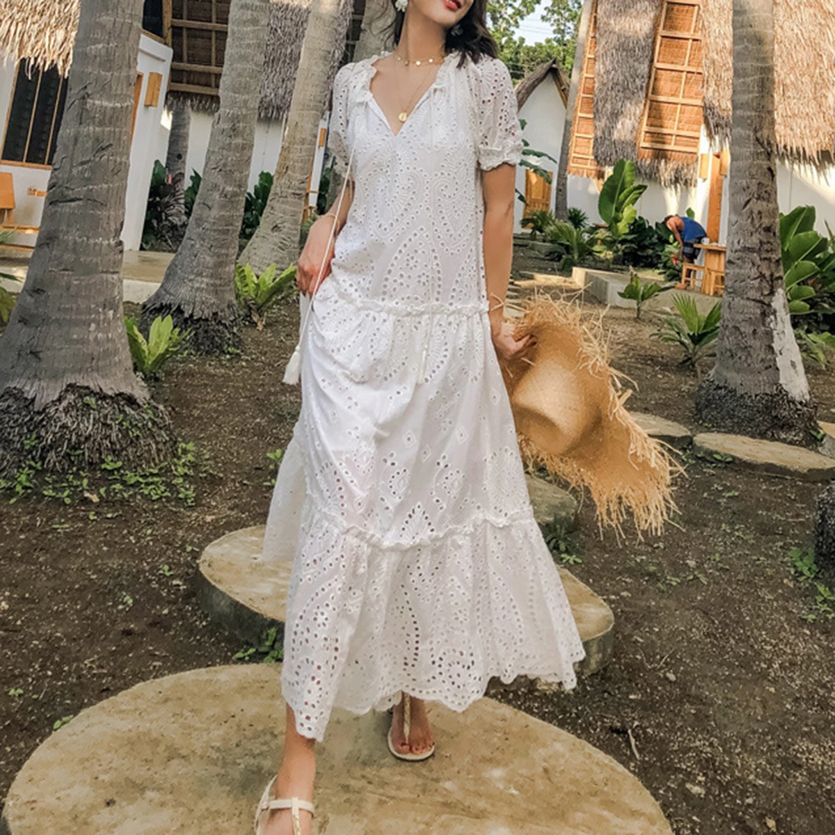 

Jastie Dreamy Eyelet Lace Gown Dress Women V-neck Puff Sleeve Boho Dresses Ruffle Hem Hippie Chic Maxi Dress Long Beach Vestidos