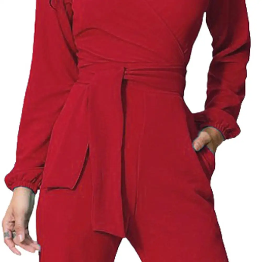 Женский однотонный комбинезон с v-образным вырезом длинными рукавами и карманами