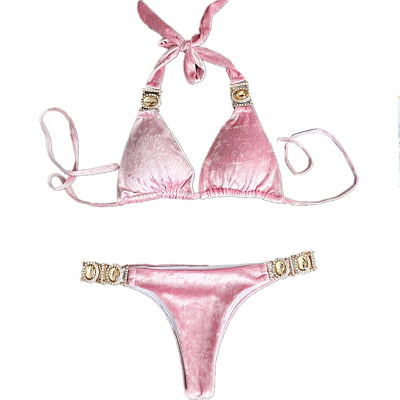 Pink Бархатные бикини с кристаллами и бриллиантами, розовый и синий купальник, Одноцветный Купальник для женщин, бикини с лямкой через шею,, бразильское бикини - Цвет: Pink