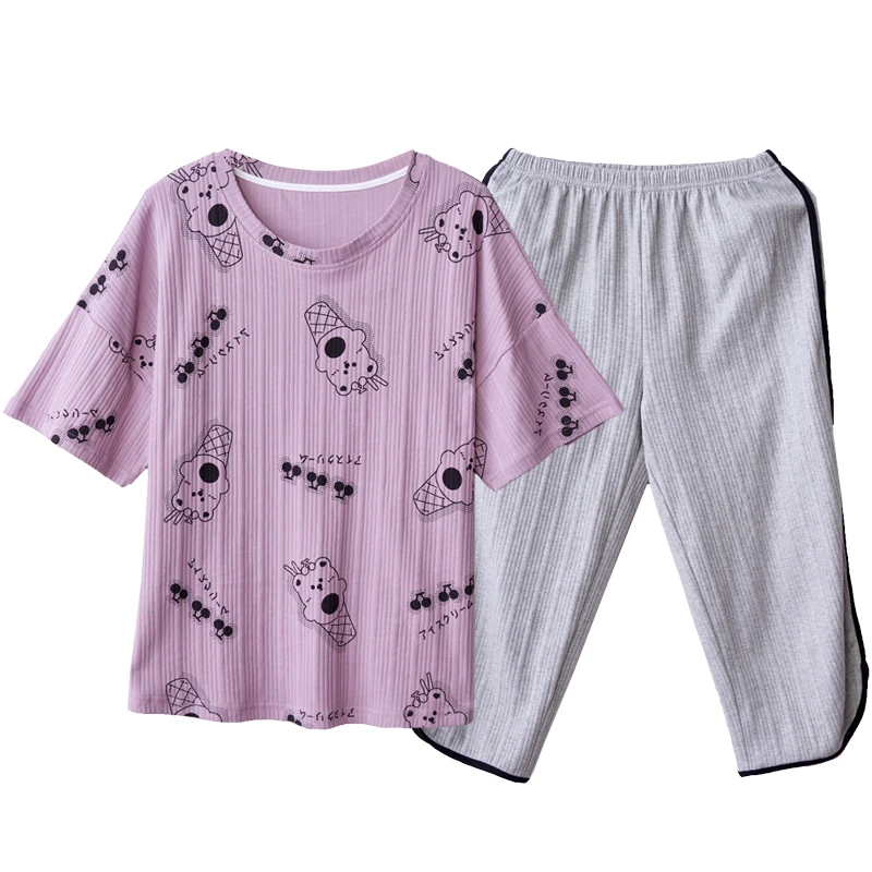 

Short Plus Size Homewear Cartoon Ice Cream Bears Sleepwear Summer Cotton Loose Pajamas For Women Elegant Purple Women's Pajamas