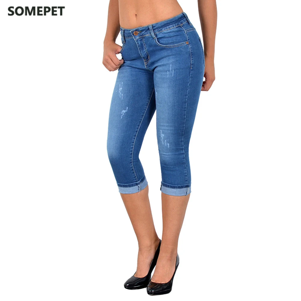 

Summer Women Fashion High Waist Skinny Jeans Knee Length Denim Capri Pants High Waist Skinny Jeans Knee Length Denim Pants