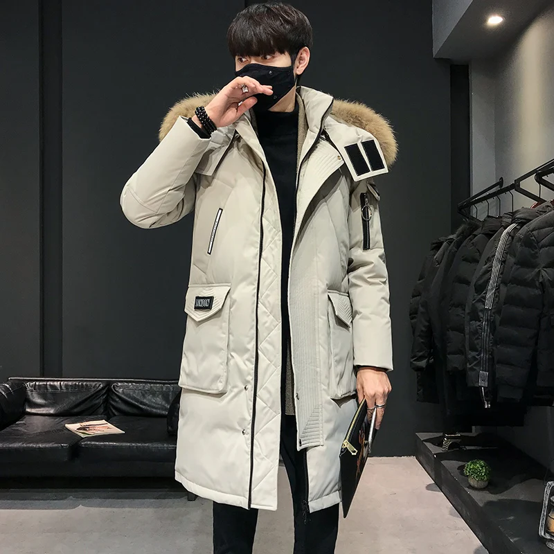 

New Winter Hooded Fur Collar Long White Duck Down Jacket male Loose Thick Casual Warm Zipper lovers' Clothes Solid