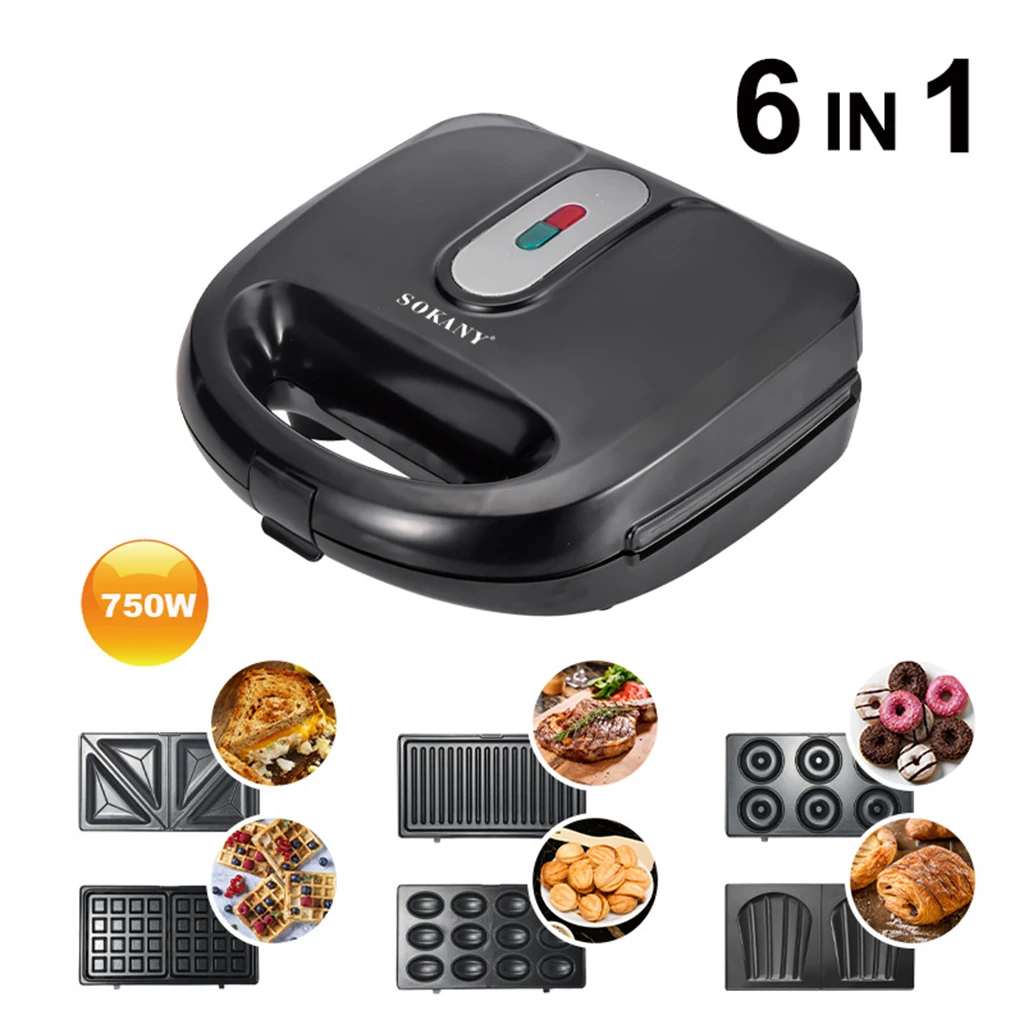 

750w Kitchen 6 In 1 Sandwich Toaster Waffle Maker Iron Toast Grill Panini EU