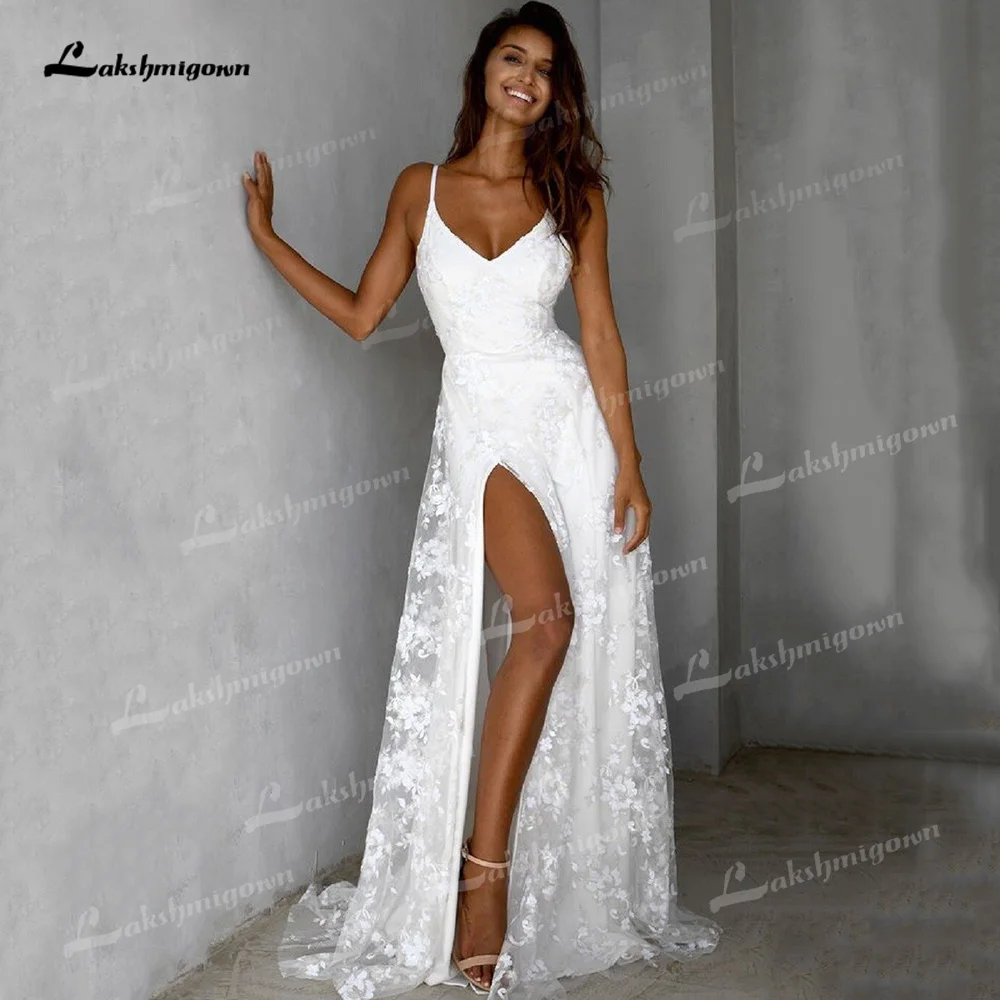 

Simple Lace A-Line Wedding Dresses V-Neck Backless Low-V Side Split Sweep/Brush Train Bride Gowns Appliques Spaghetti Straps