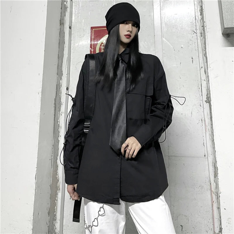 

Harajuku Long Sleeve Drawstring Women's Shirt Casual Oversize Shirt with Tie Hip Hop Women's Blouse Loose Streetwear Shirt