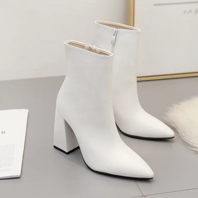 

New Fashion Luxury Women Chunky 10.5cm High Heels Fetish Sock Boots Soft Leather Block White Heels Ankle Boots Scarpins Shoes