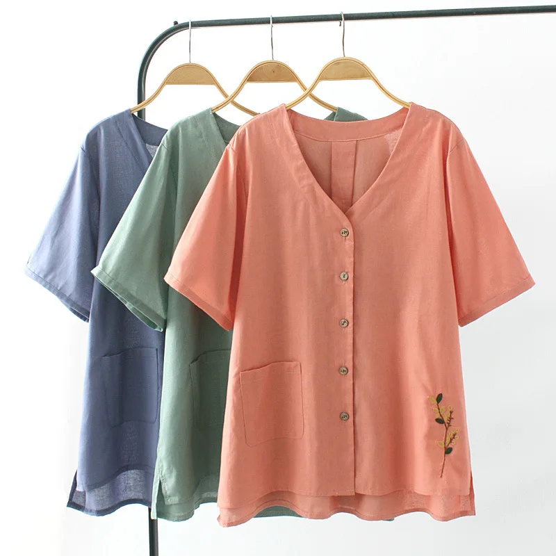 

Женская одежда, блузки и рубашки, модель Лето 2021, тонкие свободные топы из хлопка с цветочной вышивкой и накладными карманами