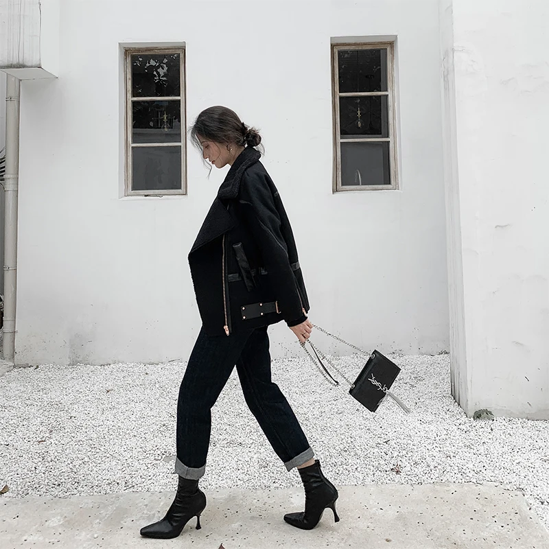 2019 зимняя женская Повседневная Байкерская мотоциклетная куртка черное теплое