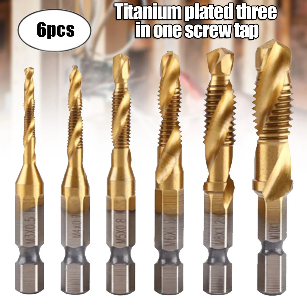 

6pcs HSS Spiral Combo Taps Titanium-plated 3-in-1 Multi-function Tapping Chamfering Tool ALI88