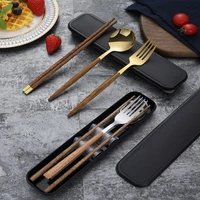 3pcsset portable wooden tableware set chopsticks spoon fork set single storage box dinnerware set stainless steel for kitchen