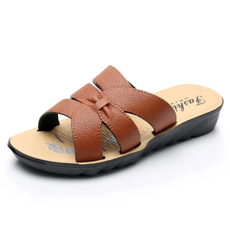

Summer New Leather Women Slippers Outdoor Wear Wedges Mother Casual Vintage No-slip Seaside Women Sandals Zapatos De Mujer