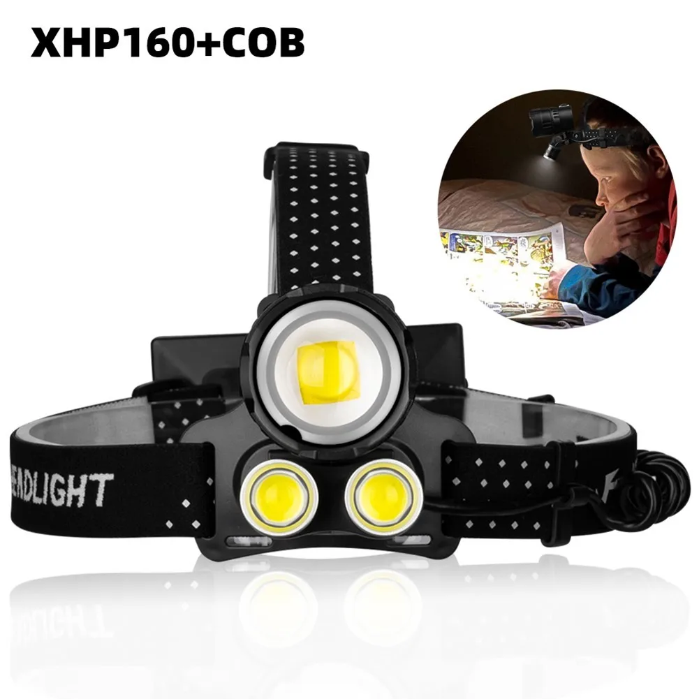 

Cob XHP160 светодиодный фонарь с аккумулятором, 3 режима, налобный фонарь для рыбалки, нескользящий ремень, оборудование для ночного кемпинга и р...