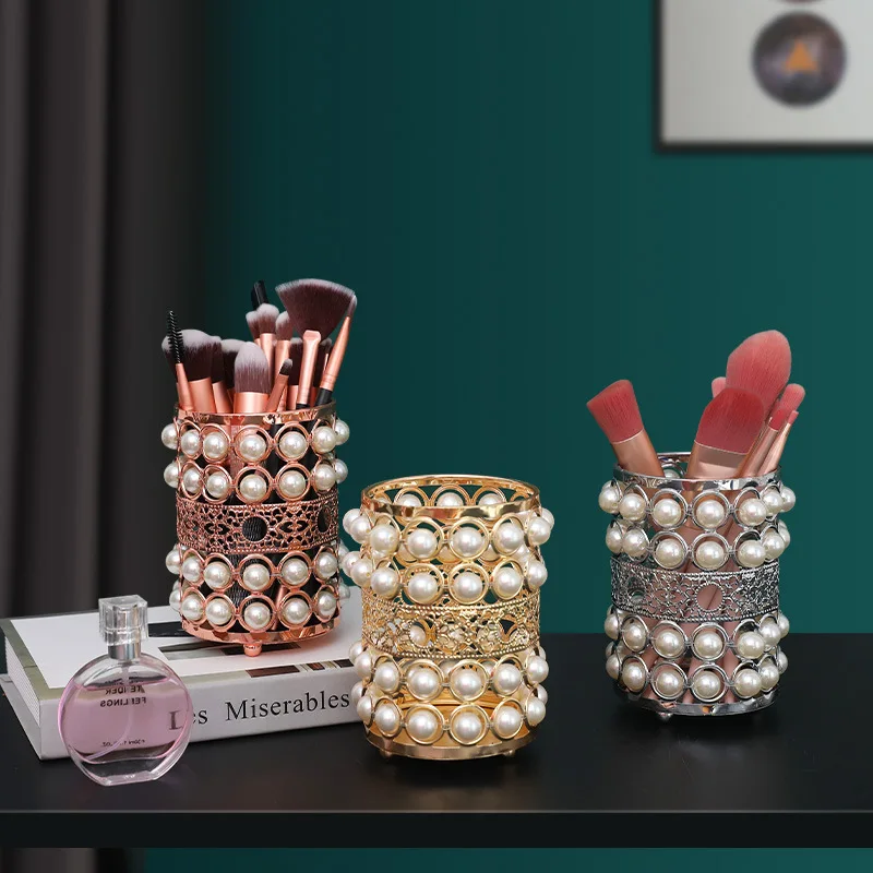 

Nordic Gold Crystal Glass Pearl Inlaid Makeup Brush Holder Desktop Eyebrow Pencil Storage Bucket Jewelry Cosmetic Organizer