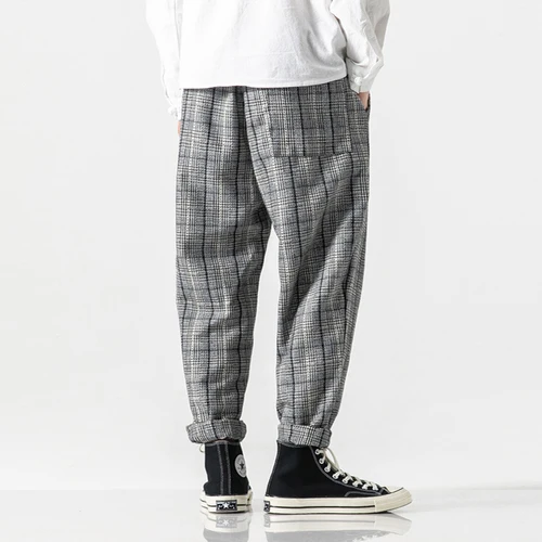 K98 Plaid gray Мужские шаровары, японские повседневные хлопковые вельветовые брюки, мужские штаны для бега, китайские мешковатые штаны, мужские свободные штаны в стиле хип-хоп Harajuku - Цвет: K98 Plaid gray