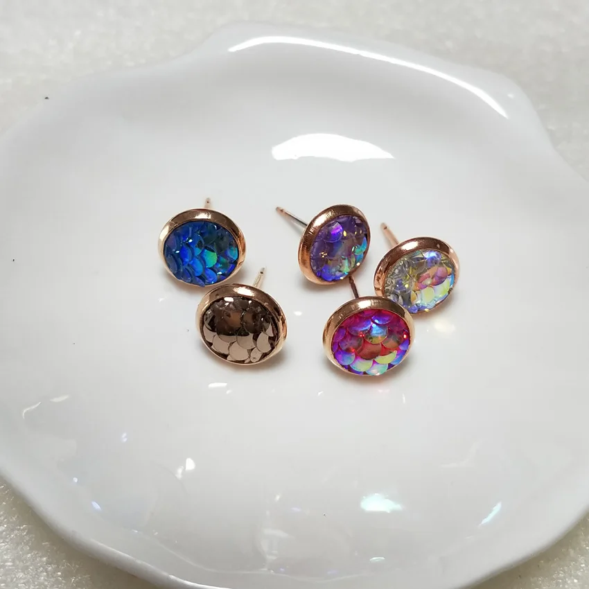 

8mm Copper Base RoseGold Plated Colorful Mermaid earrings For Promotion Gifts