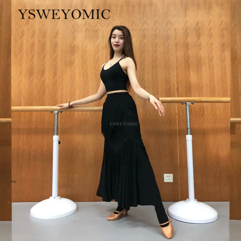 2020 New Flamenco Dance Costume Skirt Soft Ladies Ballroom dresses Black Tassels Long dance for Women M13 | Тематическая одежда и