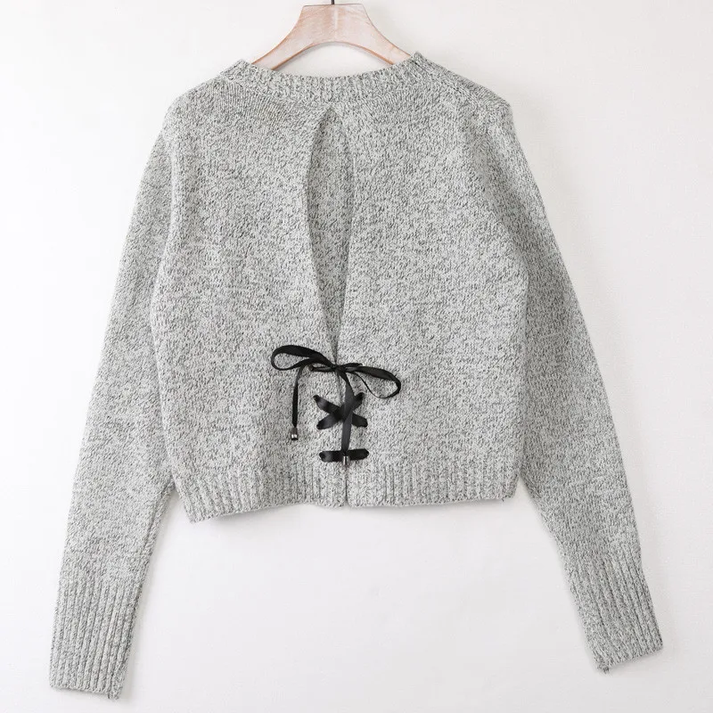 Повседневный вязаный свитер с круглым вырезом женский джемпер на завязках