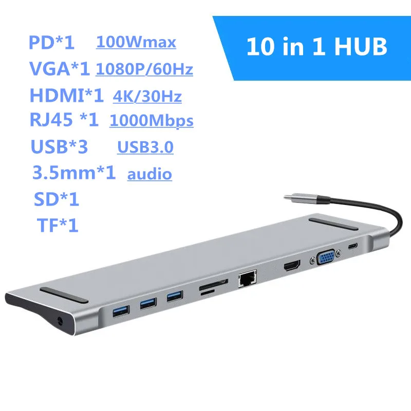 10 in 1 10 в 1 концентратор USB 3,1 C 4K док-станция type C HDMI RJ45 Gigabit Lan PD источник питания thunderbolt 3 Для iMac air surface book - Цвет: 10 in 1