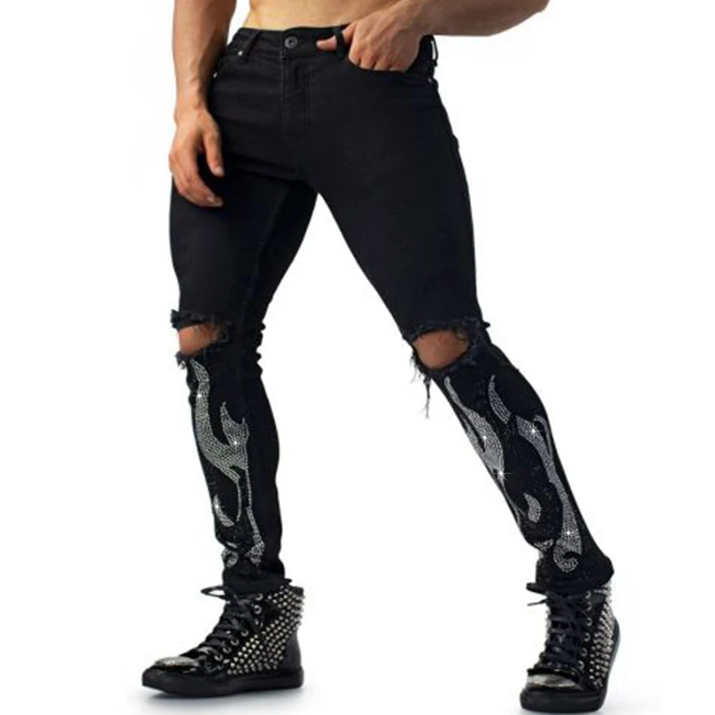 

Men's Stretchy Black Jeans Skinny Slim Fit Hot Drill Punk Streetwear Biker Trousers Man Rhinestone Hole Denim Pencil Calf Pants