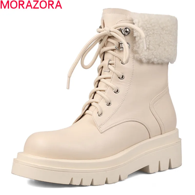 

MORAZORA 2021 New Arrival Fashion Women Boots Square Heels Round Toe Ankle Boots Winter Keep Warm Wool Boots Rice White